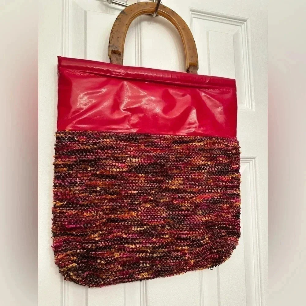 Red woven and vinyl purse